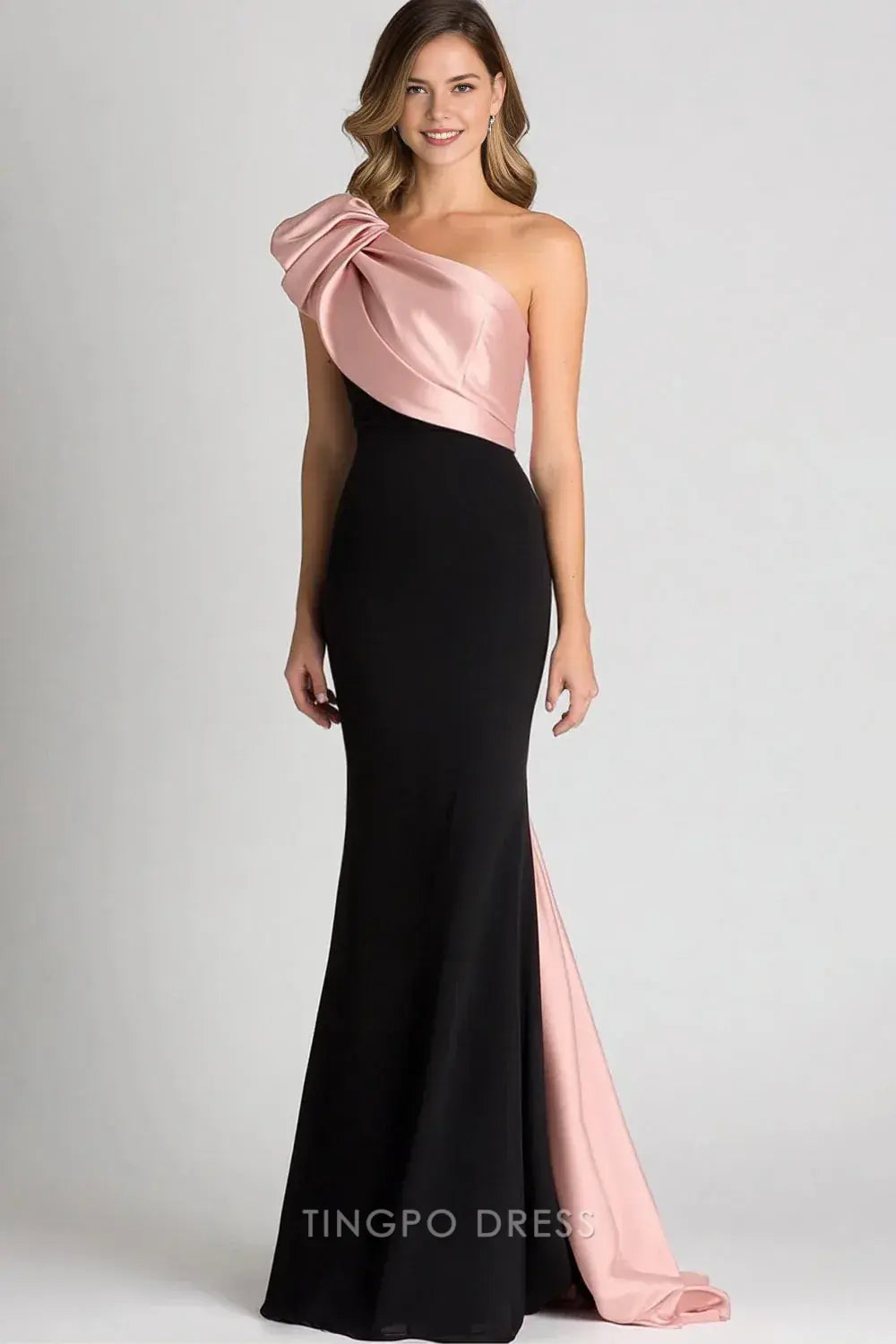 Elegant One-Shoulder Bow Detail Two-Tone Satin Mermaid Maxi Dress with Train Prom Dress